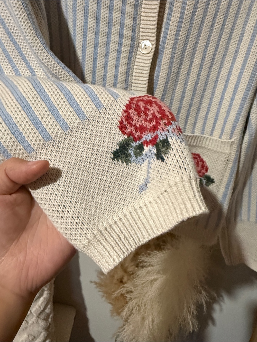 Le Lis Cream and Light Blue Striped Cardigan with Rose Pocket Embroidery - Picture 4 of 5